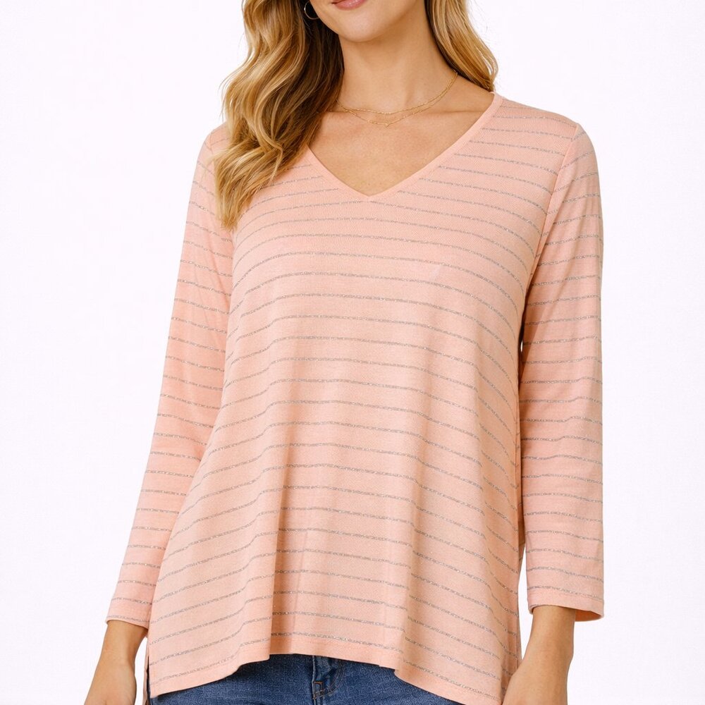 *NWT* DG2 Diane‎ Gilman Peach Metallic Stripe Hi-Low Long Sleeve Top Size Large